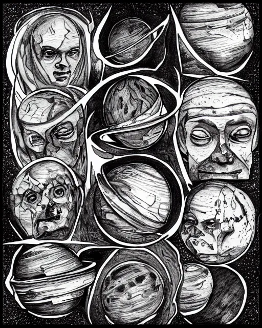 Prompt: planets on the top of a broken renaissance head statue, realism tattoo design, in the style of da ink