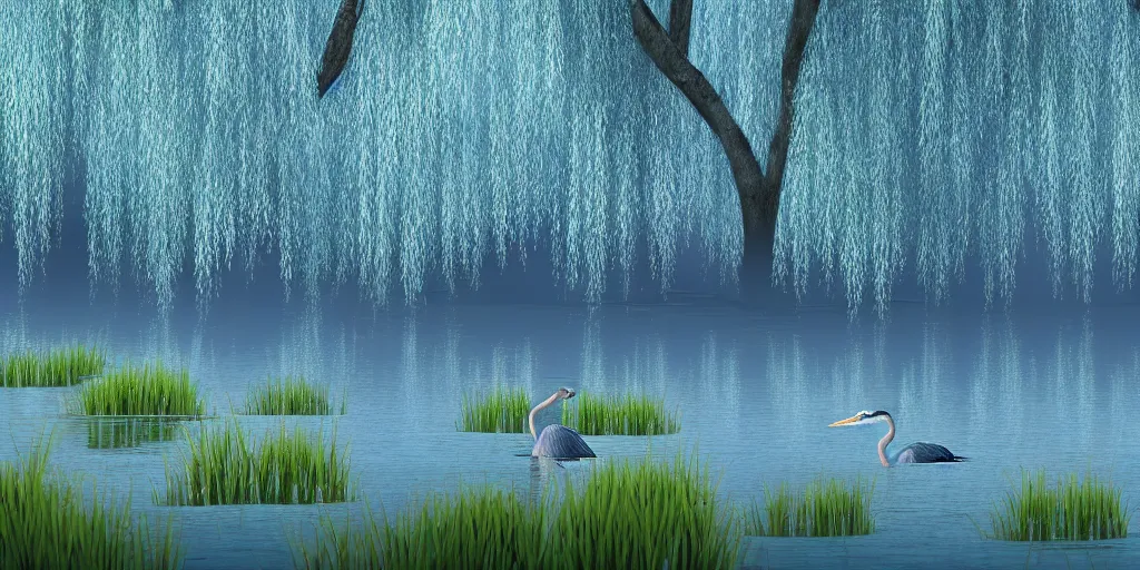 Image similar to a majestic blue heron in shallow river, willow trees, cherry blosom trees, lily pads, bullrushes, marsh, clouds, volumetric lighting, intricate, luminescent matte painting, highly detailed, artstation