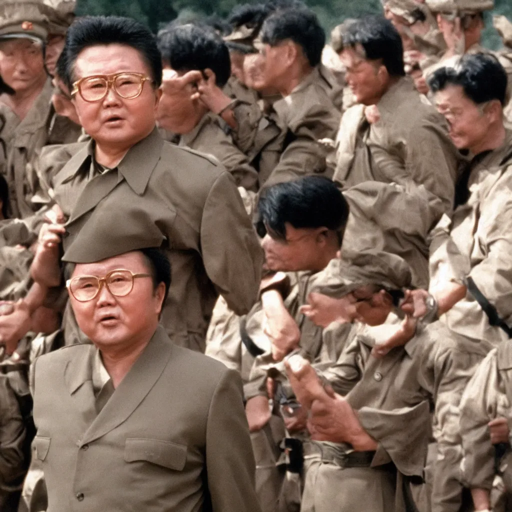 Image similar to filmstill of Kim Jong-il in the role of Rambo, cinemascope, Eastman Color Negative 50T 5251 Neg. Film