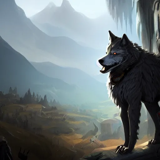 Image similar to an anthropomorphic wolf in a black doublet looking out over the hills, artstation hq, stylized, greg rutkowski, sharp focus, concept art, furaffinity fursona, furry, anthropomorphic