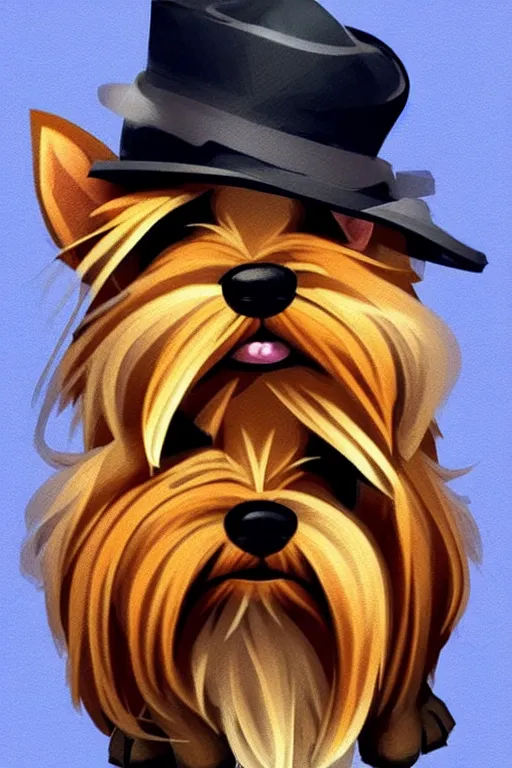 Prompt: the cutest yorkshire terrier detective wearing a fedora hat by Joe Madureira and Johannes Helgeson, trending on artstation, ominous, mysterious