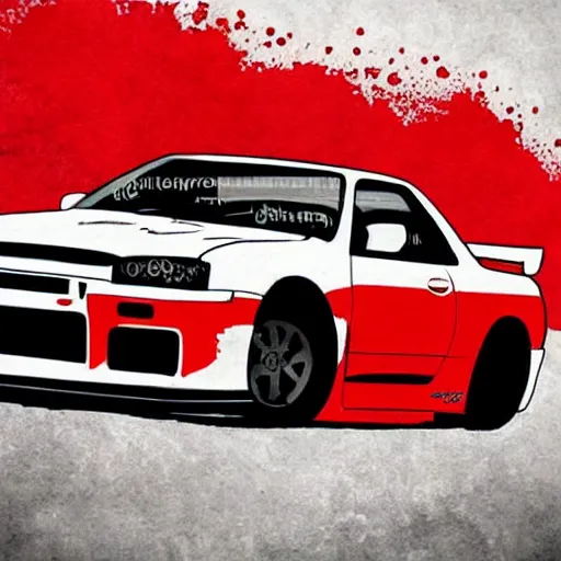 Image similar to beautiful illustration of a ninja driving a modified Nissan skyline r34 with red liquid on it