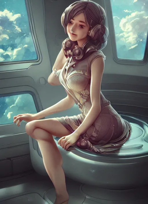 Prompt: woman sitting on a spaceship window, beautiful detailed dress, detailed face, detailed torso, smiling, by artgerm, by wlop, anime style, octane render