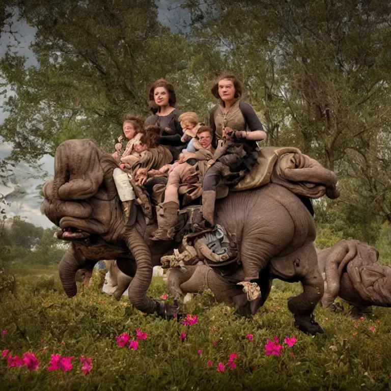 Prompt: 70mm still from a sci fi blockbuster movie made in 2022, set in 1860, of a family riding on the back of alien hippos, on an alien planet, across an alien landscape that is full of strange wild alien plants and flowers, the family are wearing 1850s era clothes, cinematic lighting, 8k, in focus faces, good quality lighting, good quality photography, oscar winner