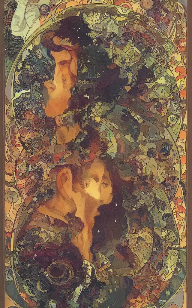 Image similar to Carl Sagan cosmic nebulae, by tomer hasuka and by alphonse mucha.