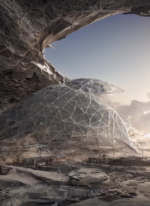 Image similar to bioremediation white mining tailing futuristic architecture in chuquicamata, epic, cinematic, hyperealistic, high detailed, corona render, hdr, ray tracing