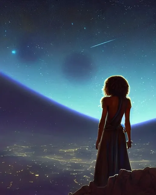 Image similar to zendaya standing infront of a huge window looking at earth on a space station in orbit around earth, lit village in the distance, stars milky way sky, deep focus, D&D, fantasy, intricate, elegant, highly detailed, digital painting, artstation, concept art, matte, sharp focus, illustration, hearthstone, art by Artgerm and Greg Rutkowski and Alphonse Mucha