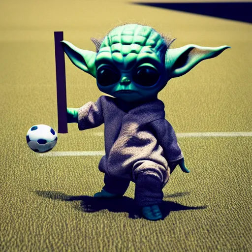 Prompt: baby yoda kicking penalty kick, baby darth vader is goalie, lucasfilm, realistic render, trending on artstation, octane render, unreal engine