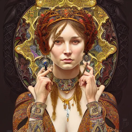 Image similar to a portrait of a female dear hybrid, upper half portrait, decorated with russian motifs, russian shaman, siberia, traditional russia, intricate, elegant, highly detailed, symmetry, headpiece, digital painting, artstation concept art smooth sharp focus, illustration, art by artgerm and greg rutkowski alphonse mucha 8 k