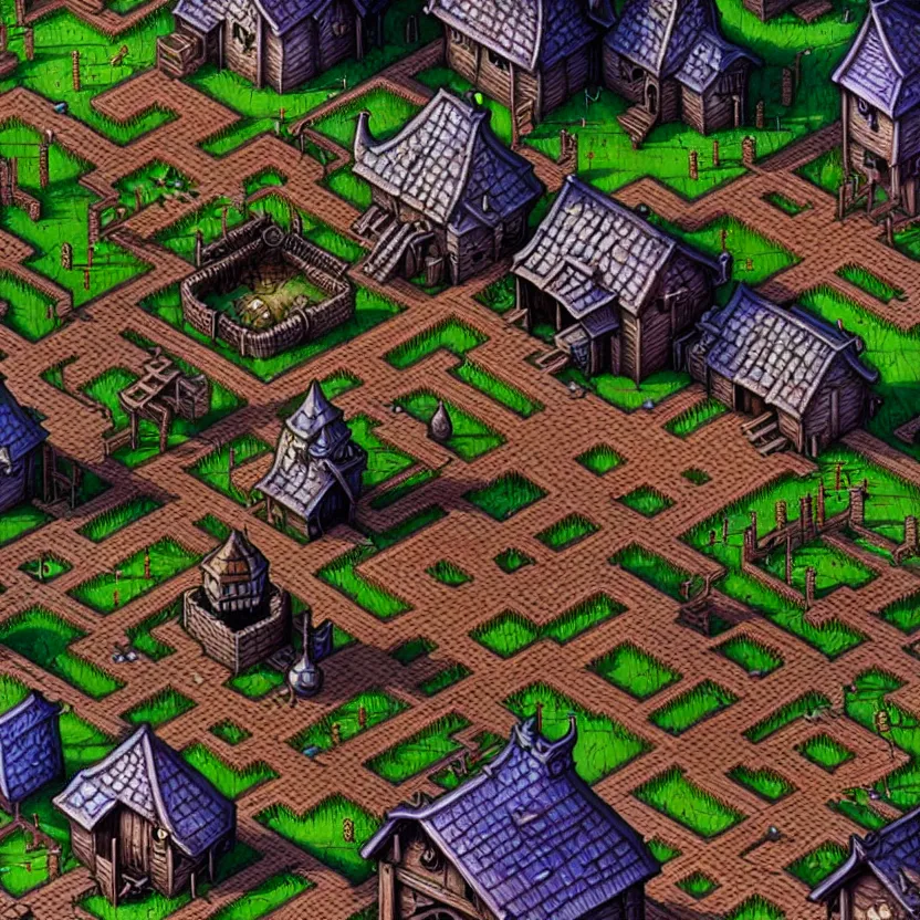 Prompt: closeup on the isometric game area of a village from baldur's gate, game art by dan mumford, intricate details, ultra realistic, fantasypunk, amazing d & d art, trending cgsociety, artstation, sharp