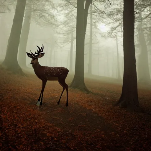 Prompt: a deer with a ruby ​​in its forehead stands in the middle of a dark foggy forest, cinematic, 4k,