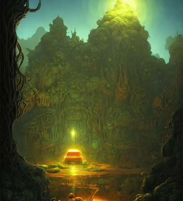 Image similar to subsurface scattering, a caravan rests at the verdant oasis, the art of athas and dark sun, brom's dark sun art on a 7 0's style fantasy novel cover, digital painting by brom, amazingly detailed d & d art, concept art, intricate details, beautiful, volumetric lighting, ultrarealistic, cgsociety, square enix cinematic art