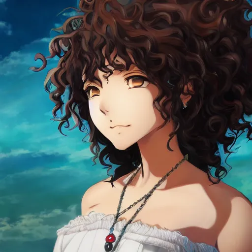 Image similar to Anime portrait of brown girl with black curly hair, anime masterpiece, highly detailed, artstation, 8k,
