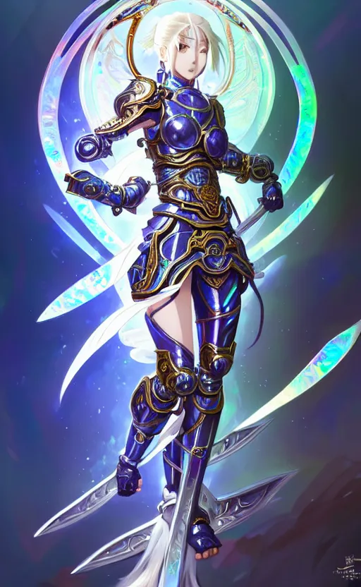 Image similar to anime iridescent opal cyborg shinobi warrior, intricate ornate details, morandi color scheme, hd, illustratio, splash art, fantasy, elegant, highly detailed, wide angle, digital painting, artstation, concept art, smooth, sharp focus, illustration, wallpaper, art by artgerm and greg rutkowski and alphonse mucha and jin xiaodi