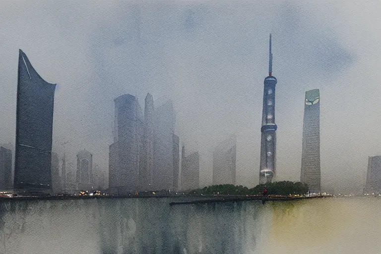 Image similar to A watercolor depicting an empty Lujiazui, gloomy weather, high contrast, smooth, by Joseph Zbikowicz, 8k