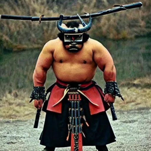 Image similar to big buff very strong very buff samurai wearing an oni mask, amazing movie still movie