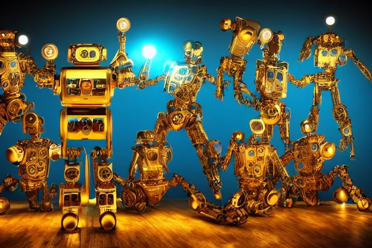 Image similar to 7 golden and blue metal humanoid steampunk robots dancing on a theaterstage, robots are wearing and gears and tubes, eyes are glowing red lightbulbs, shiny crisp finish, 3 d render, 8 k, insaneley detailed, fluorescent colors, nightlight