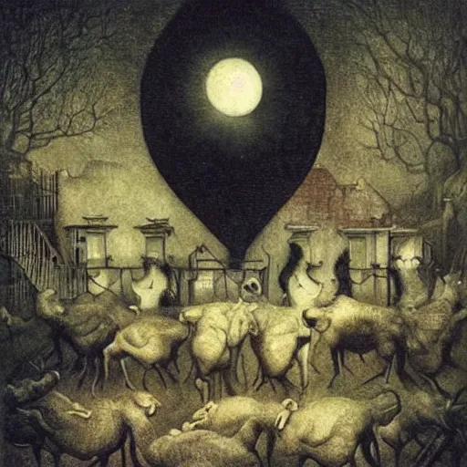 Image similar to the moon is shining forever over the garden and the animals have turned violent and strange, by Odd Nerdrum, by M.C. Escher, by Santiago Caruso, beautiful, eerie, surreal, colorful