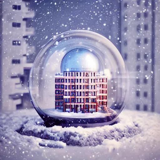 Image similar to a snow globe with a soviet apartment building in it, a computer rendering by leandro erlich, diorama, trending on cgsociety, retrofuturism, tesseract, isometric, physically based rendering