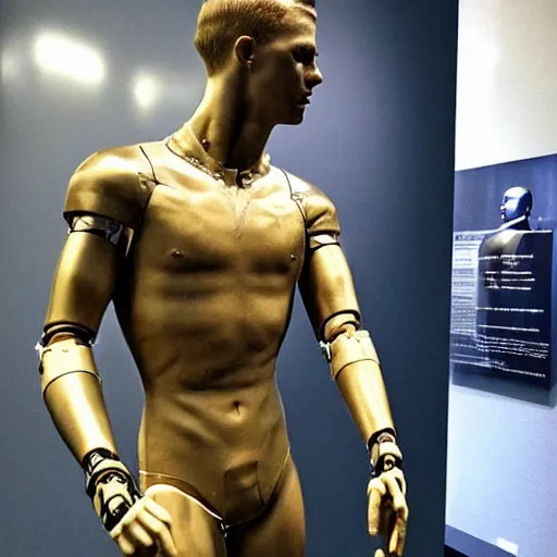 Image similar to “ a realistic detailed photo of a guy who is an attractive humanoid who is half robot and half humanoid, who is a male android, football player christian mccaffrey, shiny skin, posing like a statue, blank stare, at the museum, on display ”