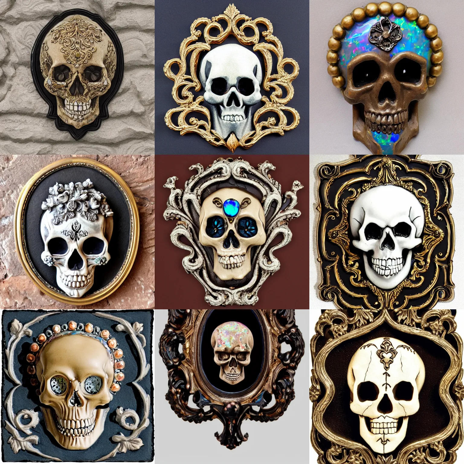 Prompt: skull, rococo decoration with gothic border, made of boulder opal