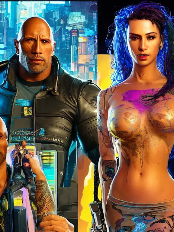 Image similar to a cyberpunk 2077 wedding portrait of Dwayne Johnson holding a female android,complex mess of cables and wires behind them connected to giant computer, love,film lighting, by laurie greasley,Lawrence Alma-Tadema,William Morris,Dan Mumford, trending on atrstation, full of color,face enhance, highly detailed,8K, octane,golden ratio,cinematic lighting