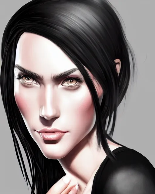 Prompt: portrait of a tall 4 0 - year - old woman with thin lips, long, lush unkempt black hair, and thick eyebrows, wearing in black clothes, hyper realistic face, beautiful eyes, character art, art by mark brooks, hyperdetailed, cryengine, trending on artstation, digital art