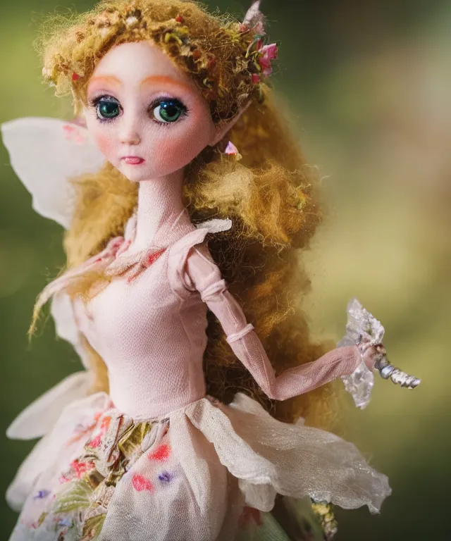 Image similar to high quality presentation photo of a detailed fairy doll in the style of Nicoletta Ceccoli photography 4k f1.8 anamorphic bokeh 4k Canon Nikon