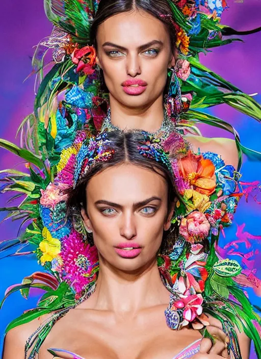 Prompt: beautiful RUNWAY portrait of Irina Shayk wearing fantastic bra and dress in the VICTORIA'S SECRET fashion show,embellished beaded feather decorative fringe knots ,colorful pigtail,subtropical flowers and plants,symmetrical face,intricate,elegant,highly detailed,8k,post-processing,digital painting,trending on pinterest,harper's bazaar,concept art, sharp focus, illustration, by artgerm,Tom Bagshaw,Lawrence Alma-Tadema,greg rutkowski,alphonse Mucha