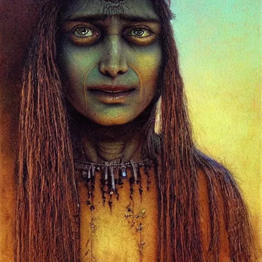 Prompt: a beautiful young indian cottagecore witch, highly detailed, masterpiece, illustrated, art by brom and beksinski