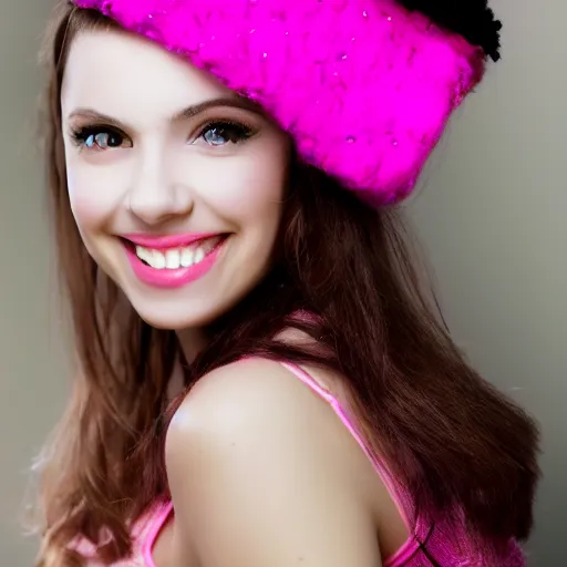 Image similar to Very beautiful girl with pink caret, photography, smiling