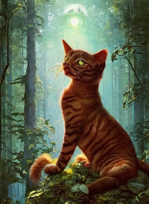 Prompt: a hyper realistic cat god with happy lighting and technology jewelry in the woods gorgeous lighting, sunbeams blue sky, lush forest foliage painting by chiara bautista and beksinski and norman rockwell and greg rutkowski weta studio, and lucasfilm