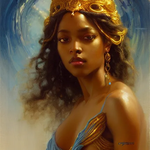 Image similar to young black woman, goddess of light, long flowing hair, smug expression, highly detailed painting by gaston bussiere, craig mullins, j. c. leyendecker 8 k