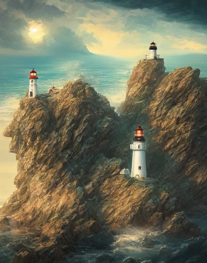 Image similar to fantasy painting of a lighthouse on the edge of a cliff overseeing a vast ocean, complex, detailed, intricate abstract. delicate artwork. by Tooth Wu, wlop, beeple, dan mumford. octane render, trending on artstation, greg rutkowski very coherent symmetrical artwork. cinematic, hyper realism, high detail, octane render, 8k, depth of field, bokeh. chrome accents.