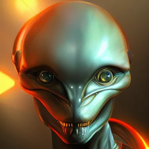 Image similar to alien portrait, artstation, dragon, robot, cyborg, art, high quality, realistic, hyper - real, raytraced, fan art, artstation