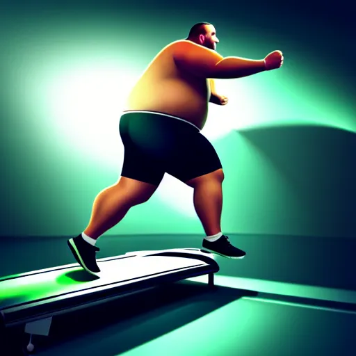 Image similar to a fat man running on a treadmill heavily sweating ultra realistic, lens flare, atmosphere, glow, detailed, intricate, full of colour, cinematic lighting, trending on artstation, 4 k, hyperrealistic, focused, extreme details, unreal engine 5, cinematic, masterpiece, ultra realistic, hyper realistic, highly detailed, sharp focus, digital art