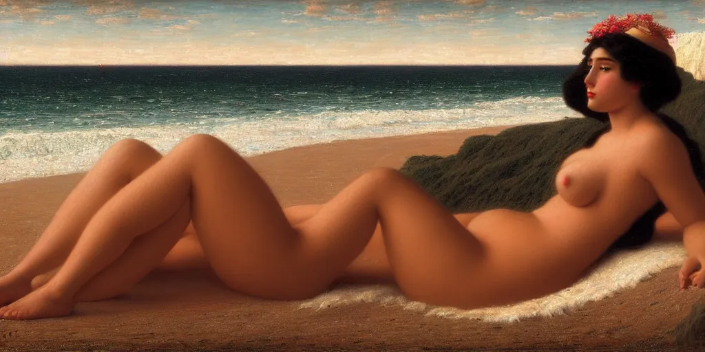 Image similar to woman on the beach ， 4 k resolution, ultra wide angle, by john william godward