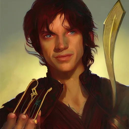 Image similar to beautiful portrait painting of a very short and small male halfing bard from pathfinder, evil smirk, narcissist, self centered, casting fireball, painted by larry elmore, wayne reynolds, greg rutkowski, magic the gathering, dungeons and dragons, dishonored 2