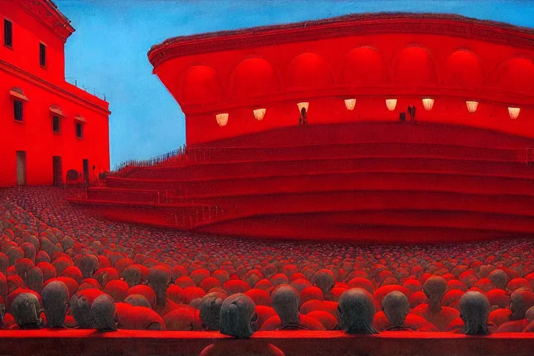 Image similar to only with red, a red great emperor, taormina amphitheatre, crowd with big smile, in the style of beksinski, parts by edward hopper, parts by rodcenko, parts by yue minjun, intricate and epic composition, red by caravaggio, insanely quality, highly detailed, masterpiece, red light, artstation, 4 k