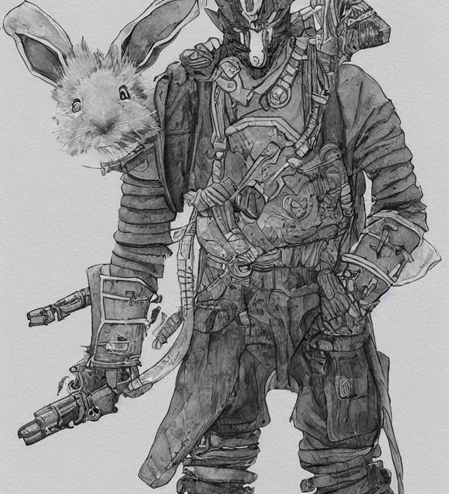 Prompt: a watercolor ink painting of an anthropomorphic bunny mercenary in the style of jean giraud in the style of moebius trending on artstation deviantart pinterest detailed realistic hd 8 k high resolution