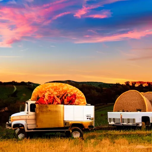 Prompt: rolling fields of tacos with a giant taco floating overhead, vivid dusk sky