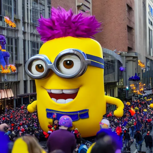 Image similar to photo of giant muscular minion parade float in the macys thanksgiving parade, detailed 4 k photo