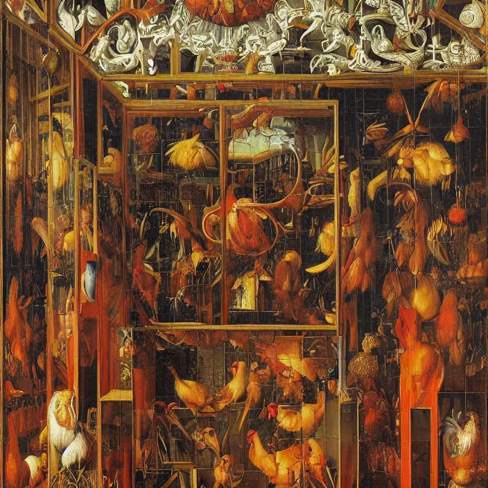 Image similar to a chicken in a hall of mirrors, chicken nebula, by jan van eyck