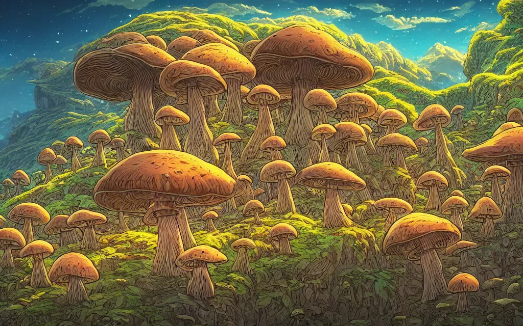 Image similar to the mushroom story house tells the tale of an epic journey, a journey into the mind of the creator. the mushrooms grow on a mountain that is home to lost time. by dan mumford, yusuke murata, makoto shinkai, ross tran, cosmic, heavenly, god rays, intricate detail, cinematic, cel shaded, unreal engine, featured on artstation, pixiv