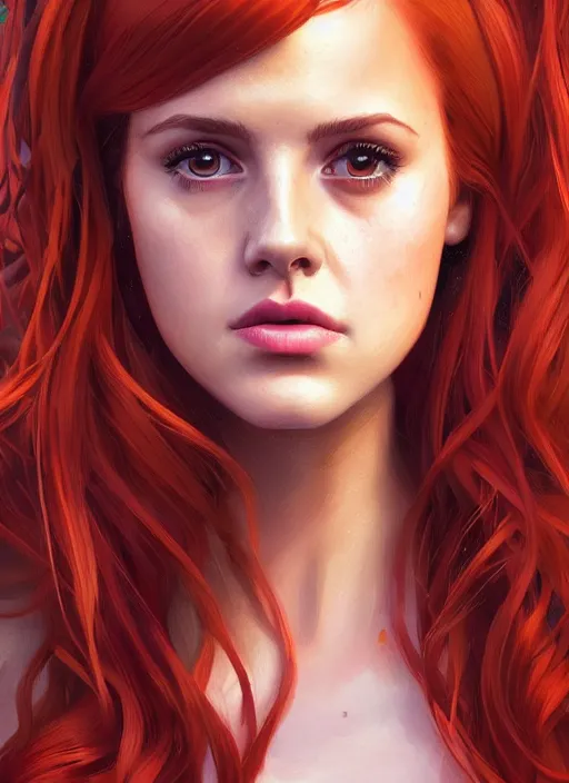 Image similar to portrait of teenage cheryl blossom, bangs, green eyes, mean expression, mischievous expression, red hair, bangs and wavy hair, bangs, intricate, elegant, glowing lights, highly detailed, digital painting, artstation, concept art, smooth, sharp focus, illustration, art by wlop, mars ravelo and greg rutkowski