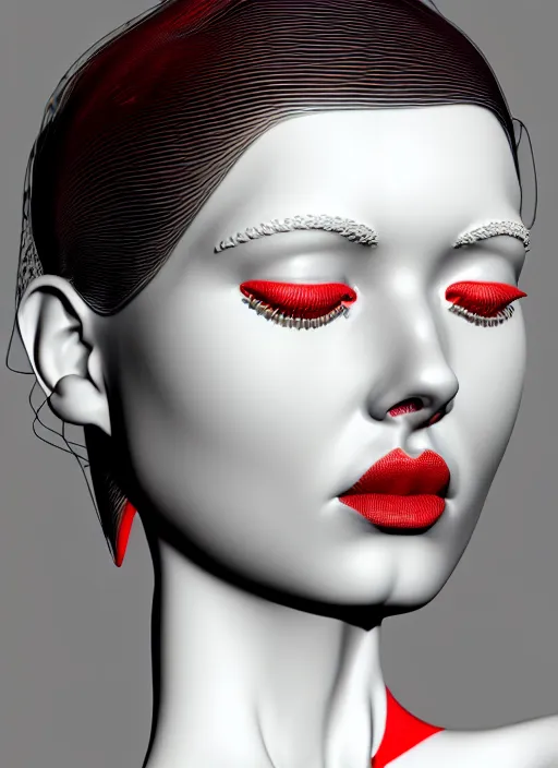 Image similar to complex 3d render ultra detailed of a beautiful porcelain profile young woman face, biomechanical cyborg, 200 mm lens, beautiful studio soft light, rim light, silver white gold red details, cubist magnolia monochromatic red big leaves and stems, roots, fine foliage lace, mesh wire, Alexander Mcqueen high fashion haute couture, art nouveau fashion embroidered, multilayered fabrics, intricate details, hyper realistic, ultra detailed, mandelbrot fractal, anatomical, facial muscles, cable wires, microchip, elegant, octane render, H.R. Giger style, black eyes, plump lips, volumetric lighting, 8k post-production, trending on Artstation