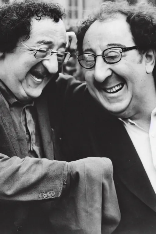 Image similar to close - up, photography of coluche and pierre desproges laughing, clouds everywhere