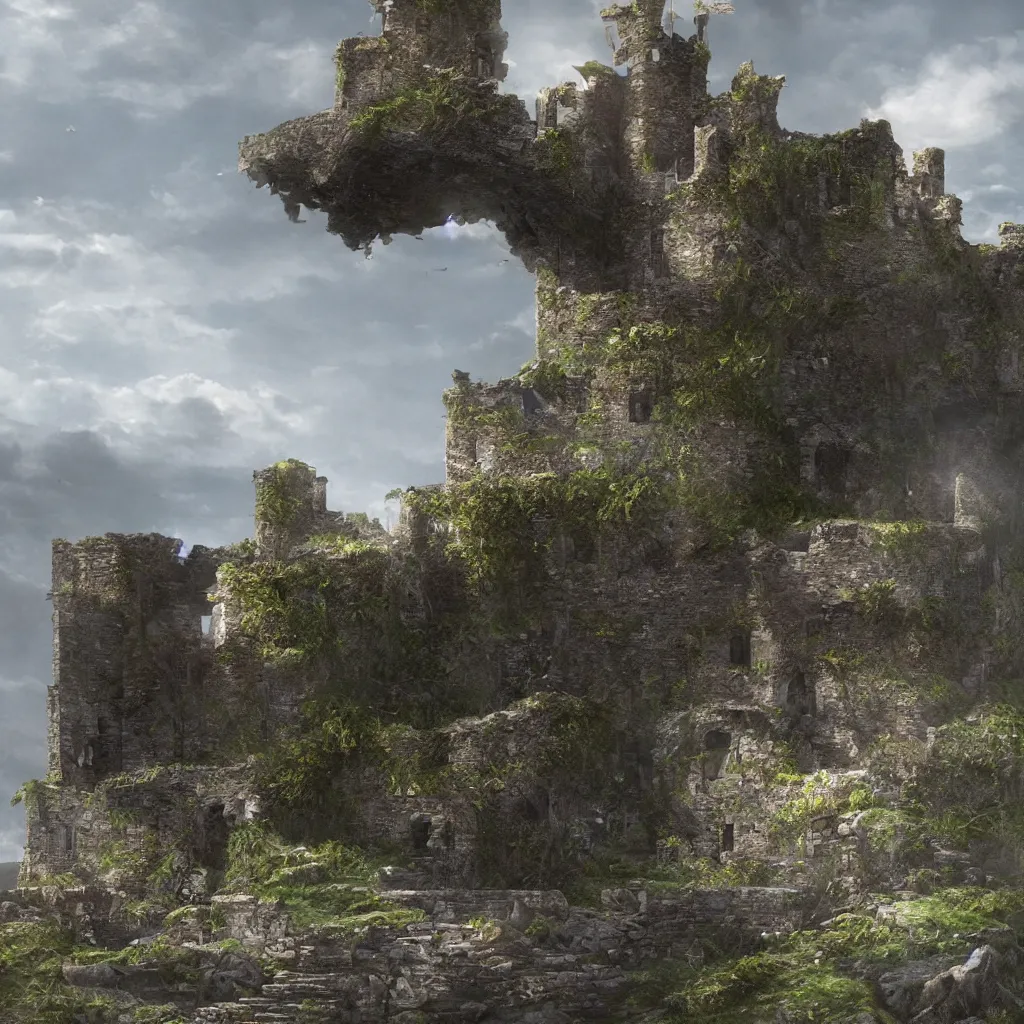 Image similar to looking up at a ruined castle on a small island only reachable by a small land bridge, 8 k, ultra realistic cinematic, intricate, cinematic light, concept art, illustration, art station