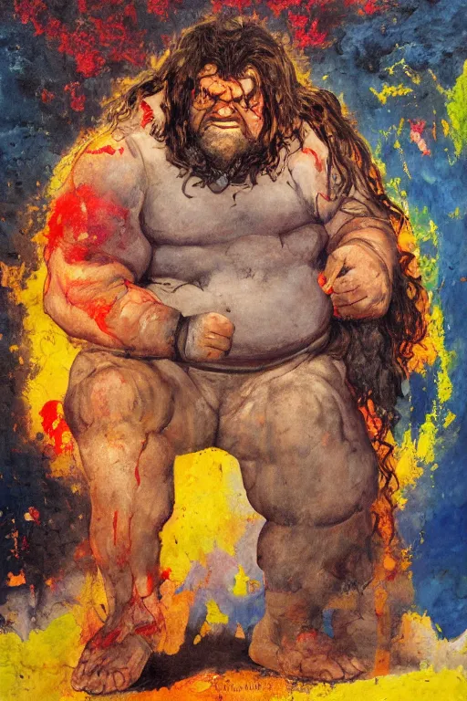 Image similar to surreal a hulking herculean hagrid in a post apocalyptic hellscape, esoteric symbolism, intense emotional power, red yellow black, palette knife oil painting by peter booth and william blake