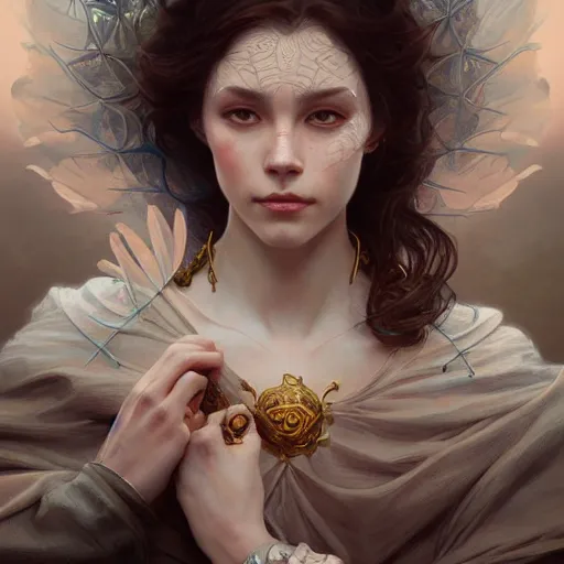 Image similar to portrait of female transcendental creature, D&D, fantasy, intricate, elegant, highly detailed, digital painting, artstation, concept art, smooth, sharp focus, illustration, art by artgerm and greg rutkowski and alphonse mucha